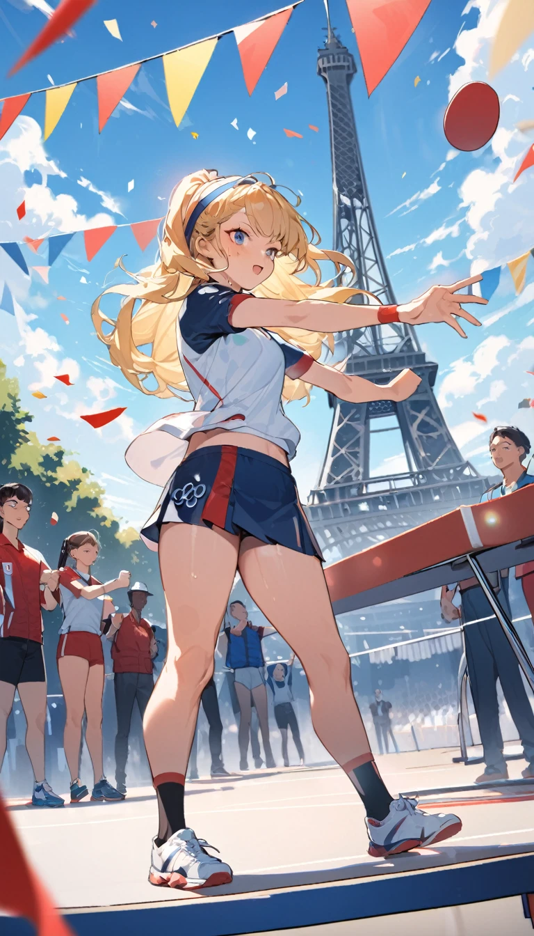 best quality, Good quality, 16K, Unbelievably ridiculous, Very detailed, 2.5D, Delicate and dynamic, Blue sky , pingpong, Table tennis competition,拿pingpong拍,Tight sportswear,pingpong拍击球,Sweat,Short skirt,Sexy的17岁女孩,挥动pingpong拍,Olympic,Olympic Games uniforms,Big ,Sexy,Swing and hit ping pong,Headband,Vision,whole body,crowd,A lot of people, Confetti, Olympic会旗, crowd, audience,Many flags,Under the Eiffel Tower,Long blond hair