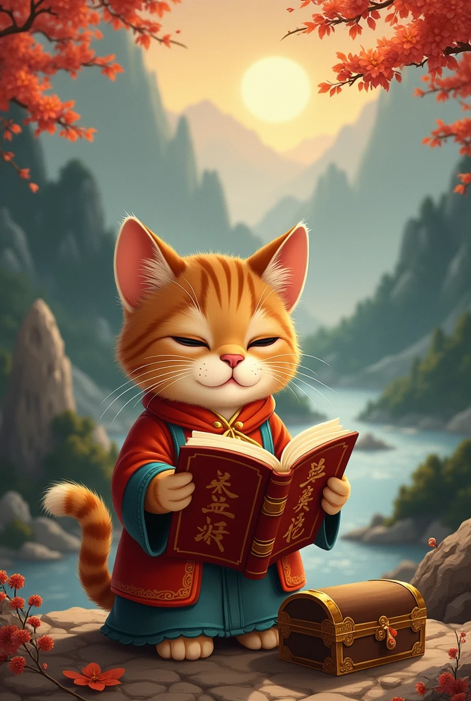 brown cat reading seriously,background chinese style,Mountains and rivers,There is a treasure chest in the background,astronomical formula appears