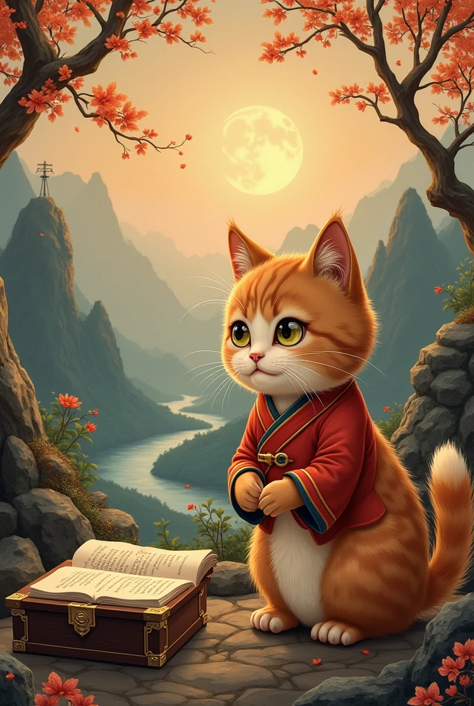 brown cat reading seriously,background chinese style,Mountains and rivers,There is a treasure chest in the background,astronomical formula appears