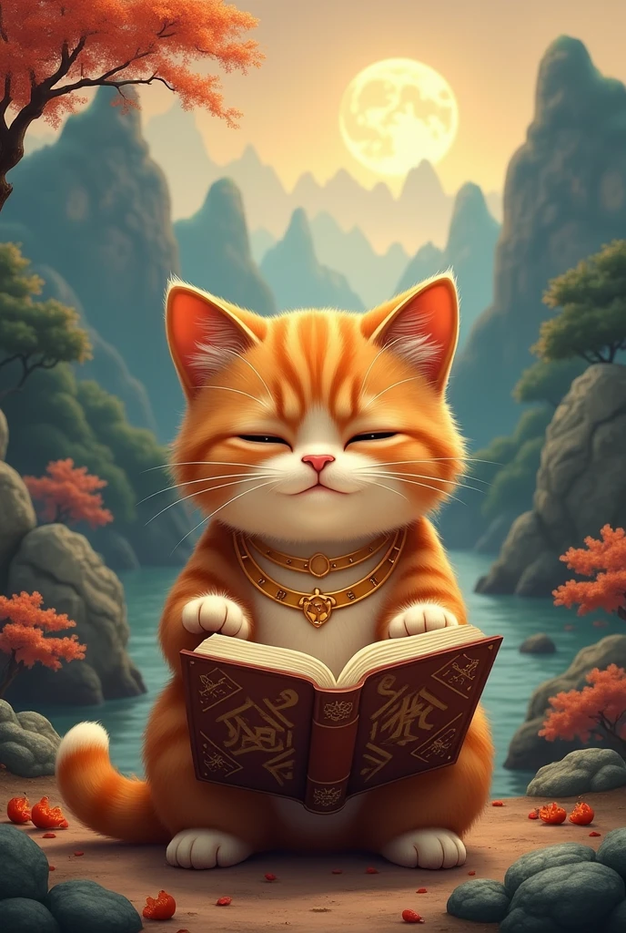 brown cat reading seriously,background chinese style,Mountains and rivers,There is a treasure chest in the background,astronomical formula appears
