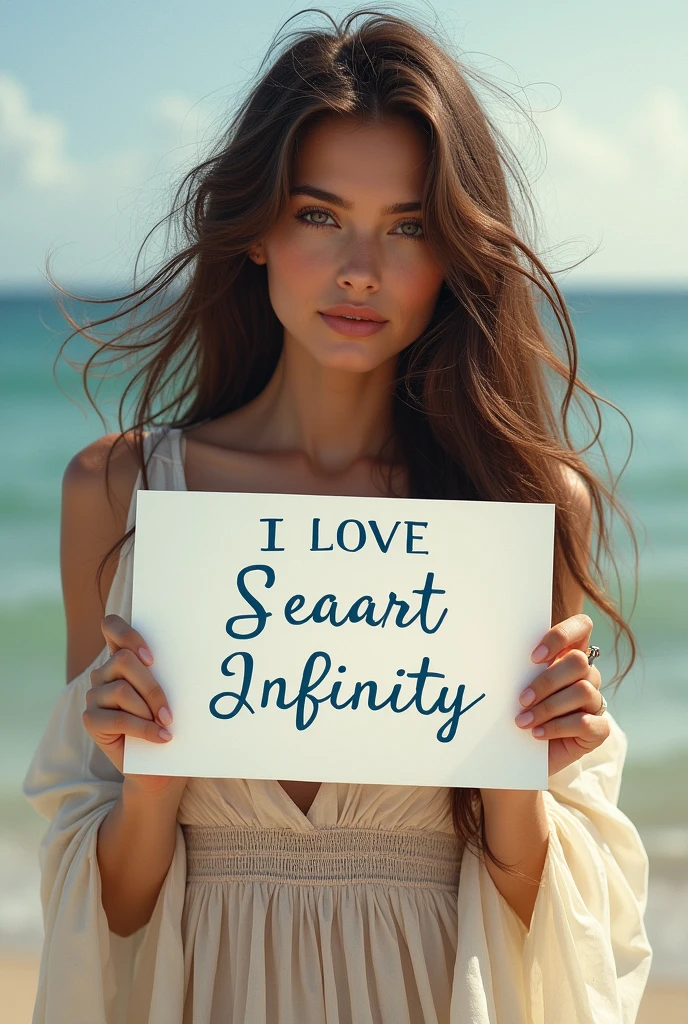 Beautiful girl with wavy long hair, bohemian dress, holding a white board with text "I Love Seaart Infinity" and showing it to the viewer