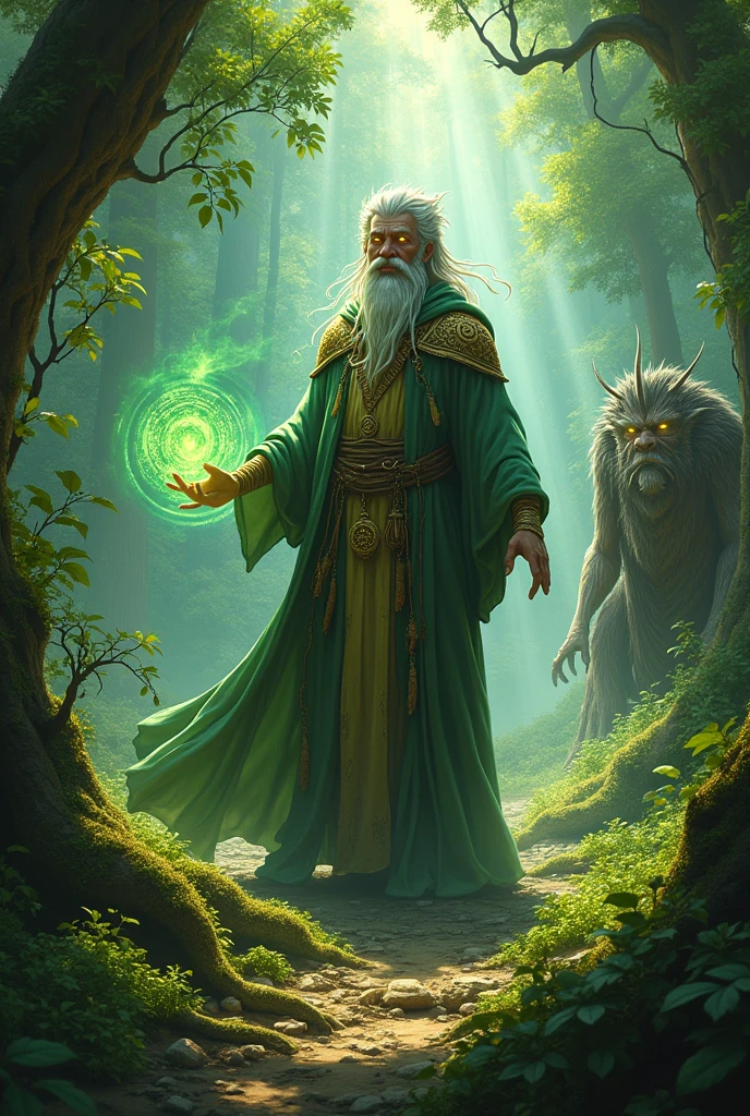 Forest Mage surrounded with floating magic runes, controlling a spiked vines with a forest Ent