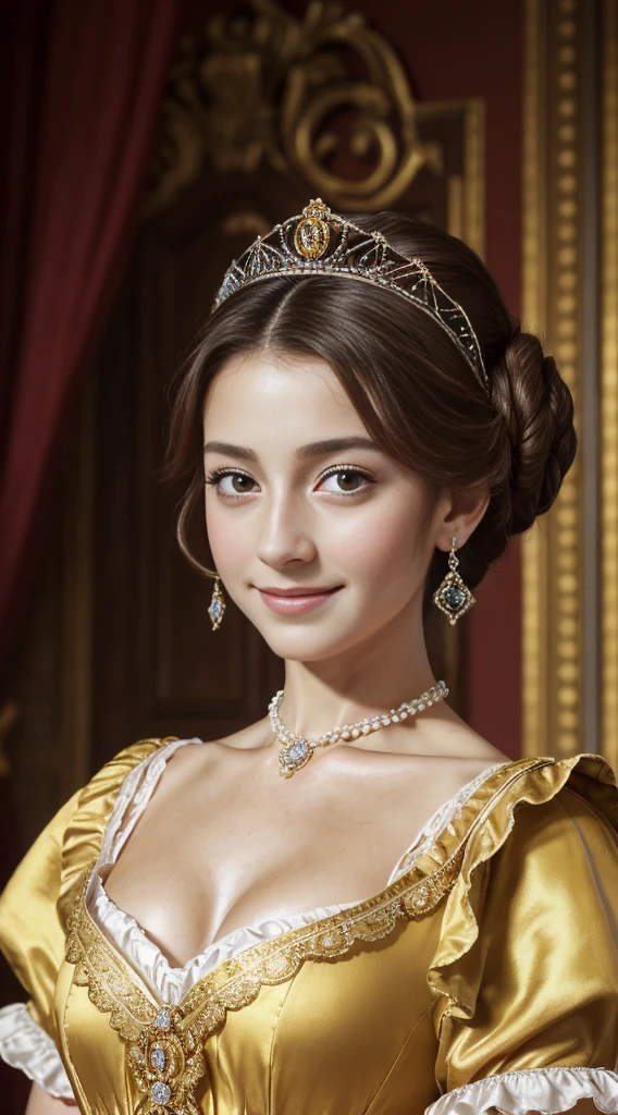 Raw photo、Cinema Lighting, Soft Blur, One woman、Rococo dress、Lady、((Spanish, Upper Body, 19 years old, Sunburned skin, Moisturized Skin, Brunette, Chignon Hair, tiara, Bright brown eyes, Long face, High nose, archaic smile:1.4)), Woman in crimson and gold dress, slim and small breasts, necklace, Rococo Queen, Rococo portrait, Exquisite and aristocratic, Aristocratic appearance, 優雅なLady, 18th Century Duchess, 18th century style