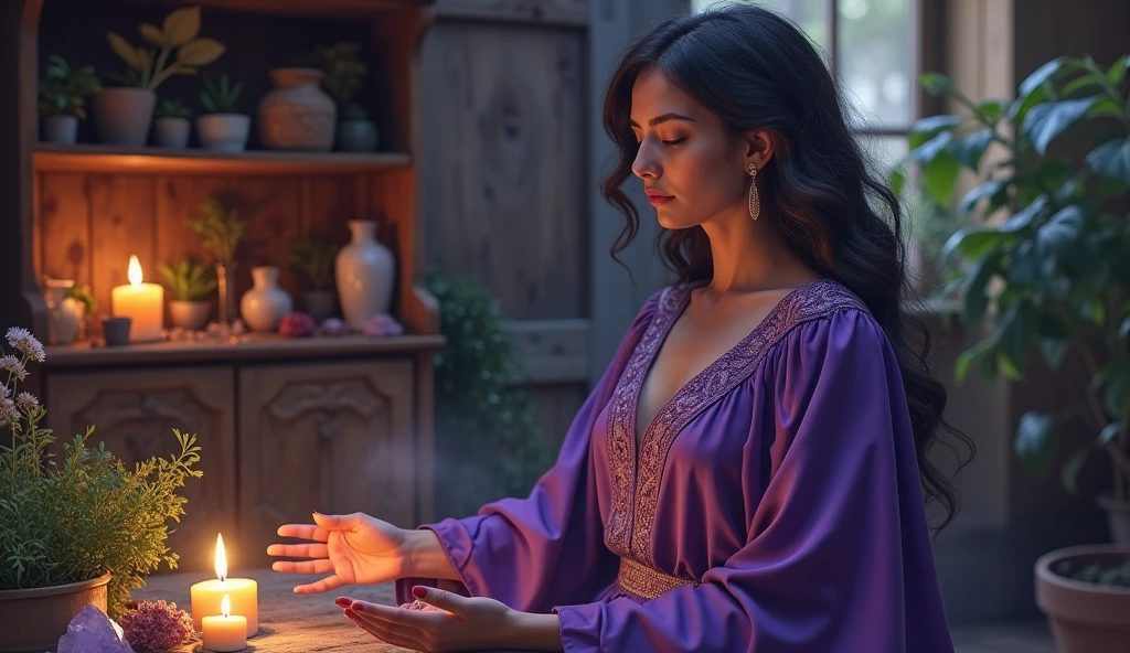 mulher com capa violeta de sacerdotisa energizando sua casa com crystals, convey depth, in the background a cupboard with various aromatic herbs, in the scene small lit candles, crystals