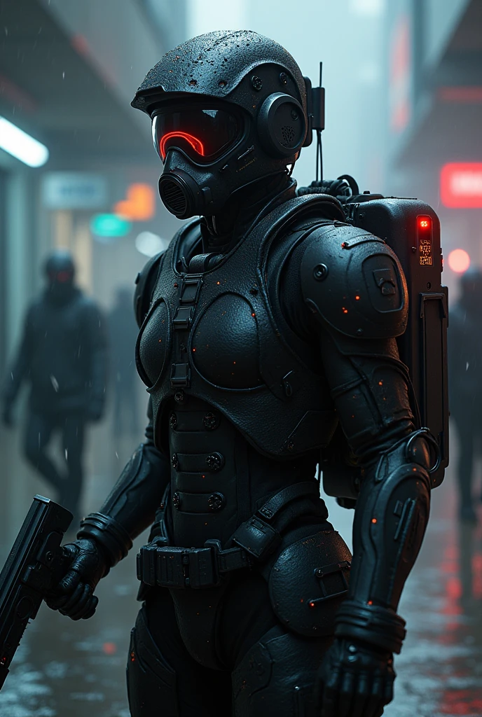 (Highest quality), future, (((Lots of girls))), Troopers, Asymmetrical black exoskeleton suit with backpack, Led, Gas mask with glaring gargle, holding blade, mechanical, Digital Sculpture, 超High resolution, Absurd, Deep shine effect, High resolution, Particles of light, Cinema Lighting, Depth of written boundary, ready for action pose, Narrow passage, Heavy Rain, neon,