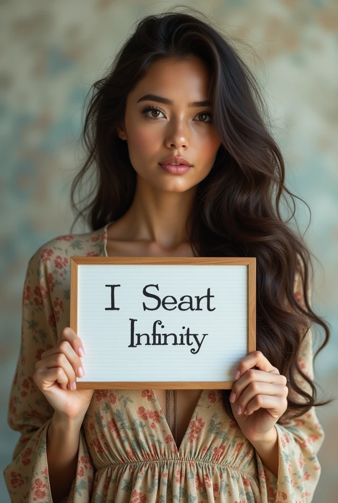Beautiful girl with wavy long hair, bohemian dress, holding a white board with text "I Love Seaart Infinity" and showing it to the viewer