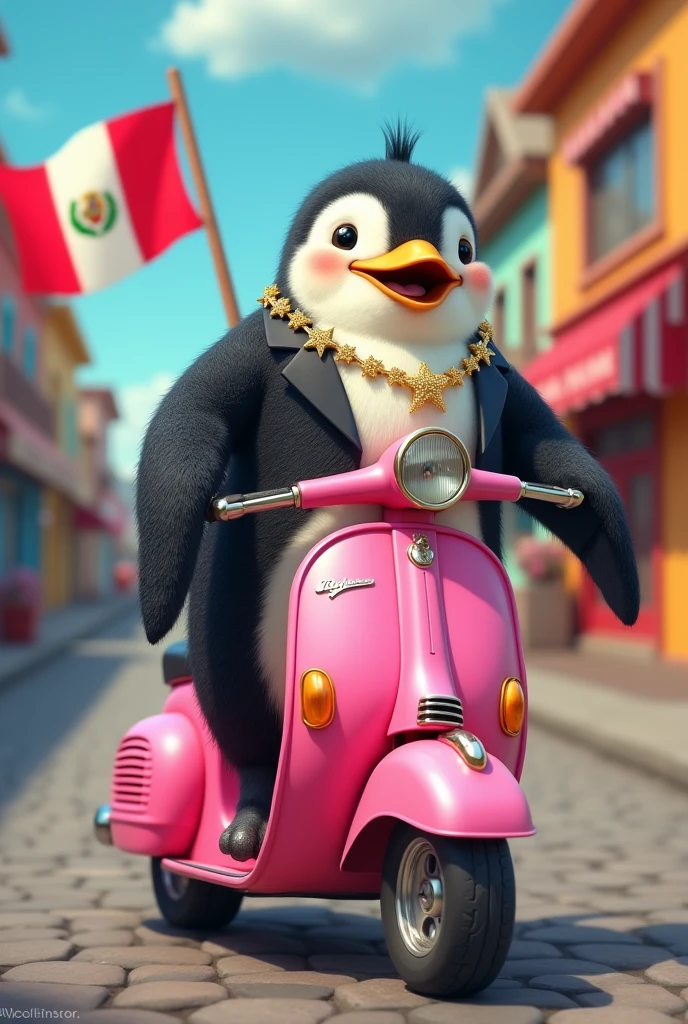 Penguin with his pink scooter, star necklace and Peruvian flag