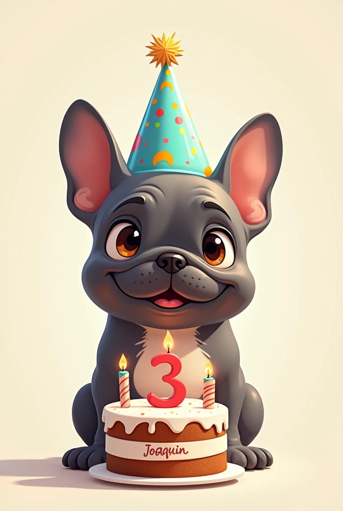 Can you generate me an image of a cartoon gray French bull dog with brown eyes wearing a birthday hat and a birthday cake with the number 3 and say Joaquin on the cake please?