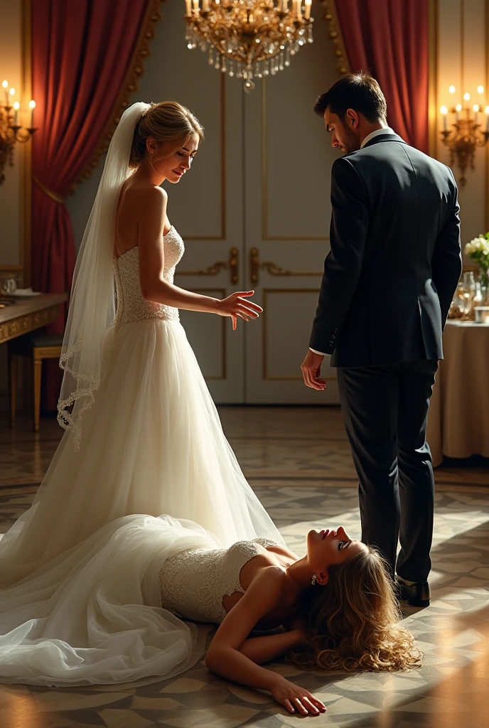 Woman in wedding dress lying on the floor crying begs her groom for help but he is talking and looking at another woman