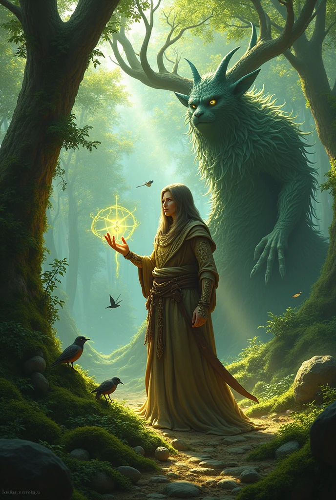 Forest Mage surrounded with floating magic runes, controlling a spiked vines with a forest Ent