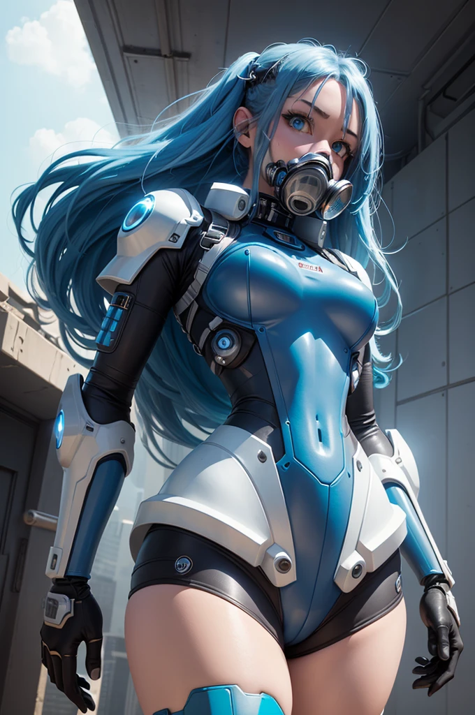 View from below angle from below girl mecha half cyborg, modifications, Girl with a curvy figure, with long blue hair, with blue eyes, with a gas mask on his face, cybernetic suit blue, costume parts with blue lights and LEDs, a multitude of glowing blue lights, hands prosthetics, gorgeous figure, short sports shorts that highlight her big wide hips, small breasts but they are covered by a mechanical suit, flat horizon photo, the background of the image is blue sky, clouds and mist 