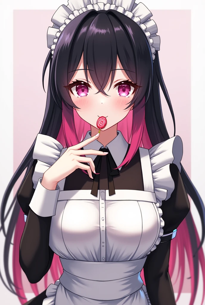 Draw Genshin Style, Adult girl, maid outfit, Black hair is long with pink tips,black bangs, perfect hands, lollipop in mouth,perfect lollipop, Lollipop in the mouth,lollipop must be small