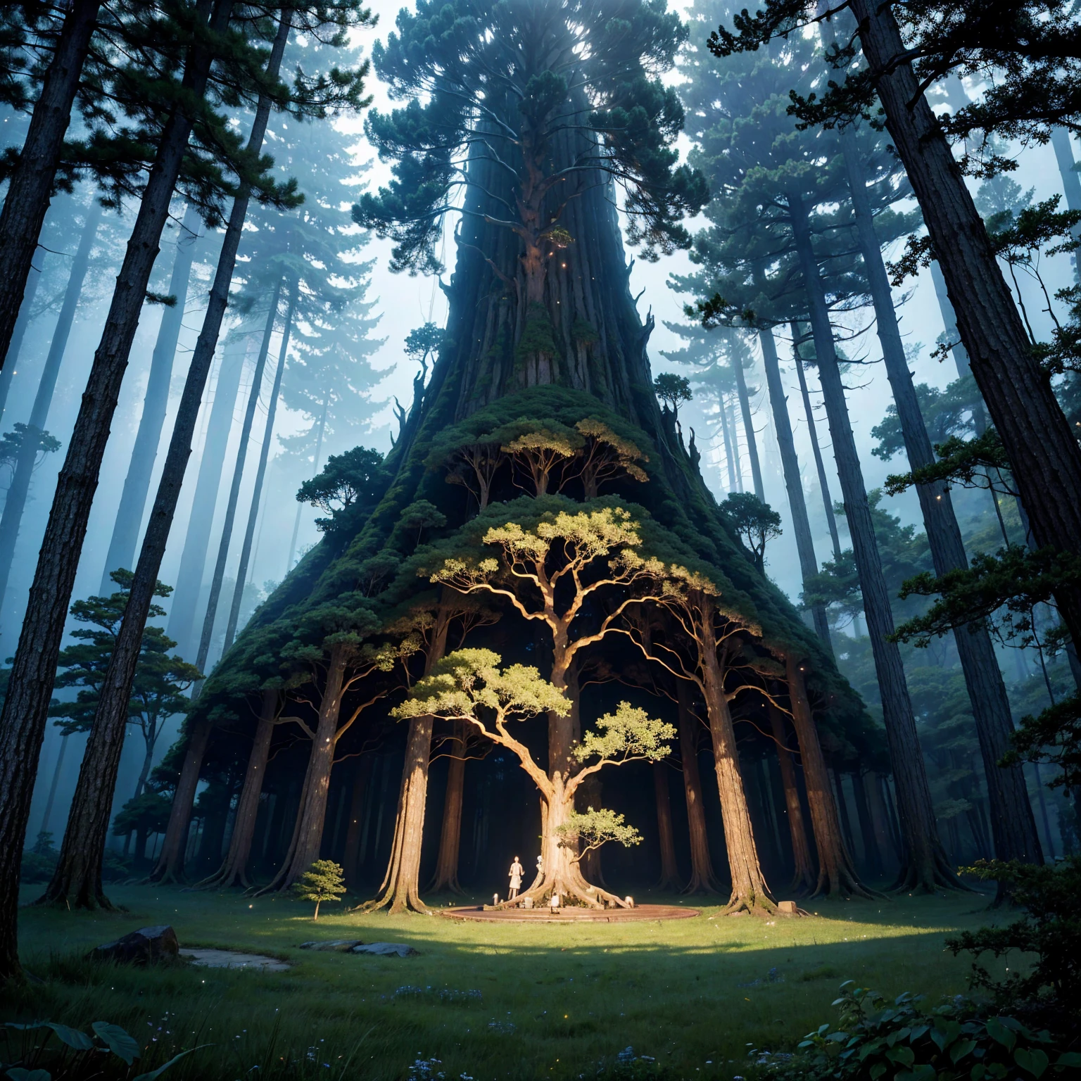  A giant tree with a lot of magical energy around it, the center of the forest beauty, a fantasy world, a dark forest with magic and fantasy feel