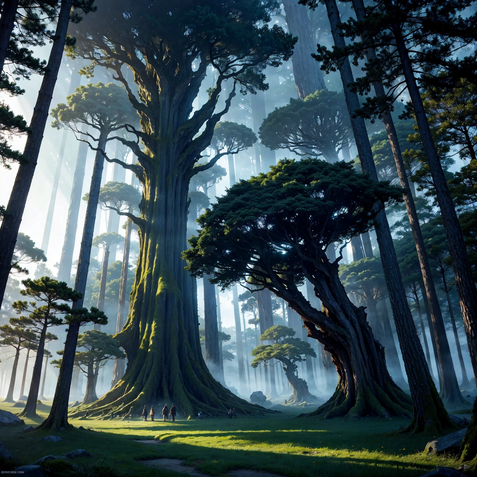 A giant tree with a lot of magical energy around it, the center of the forest beauty, a fantasy world, a dark forest with magic and fantasy feel