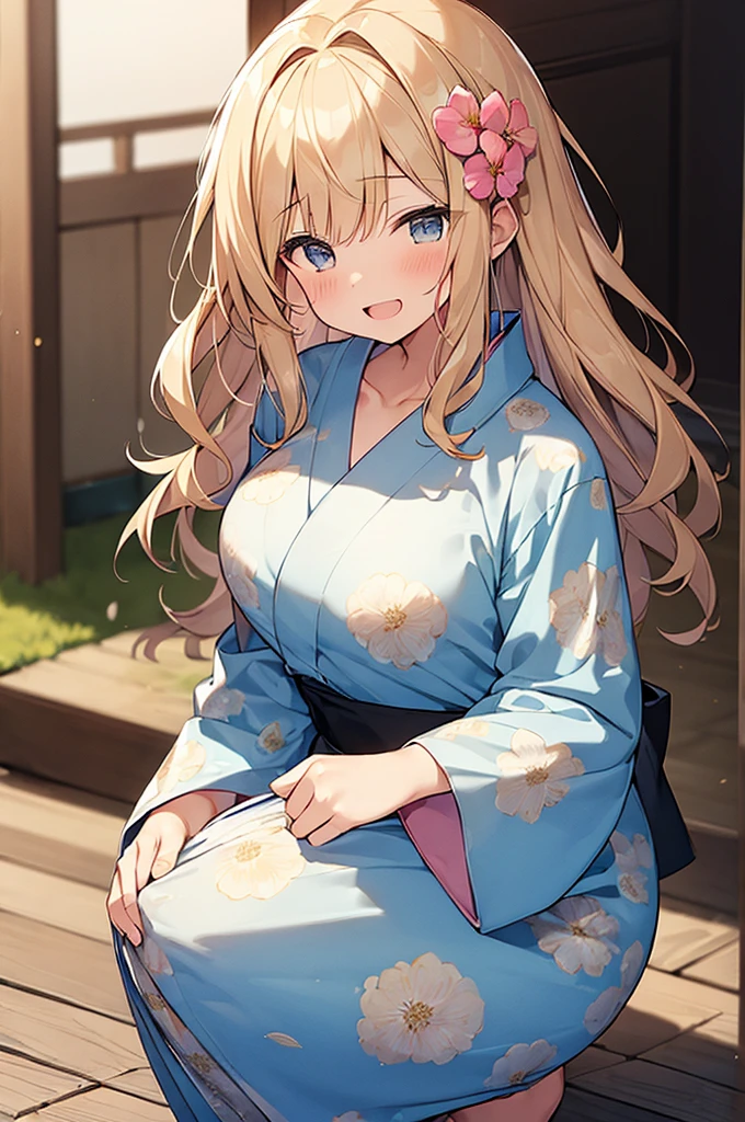 (Masterpiece, Top quality:1.5), (from above:1.2), 1 beautiful girl, solo, squatting down, Blonde, medium Hair, wavy Hair, asymmetry bangs, swept bangs, airy hair, large breasts:1.4, 16 year old, (flower printed yukata :1.3), smile:1.3, blush, beautiful scene of narrow Alley, blurry background, magnificent panorama view, blurry background, open mouth