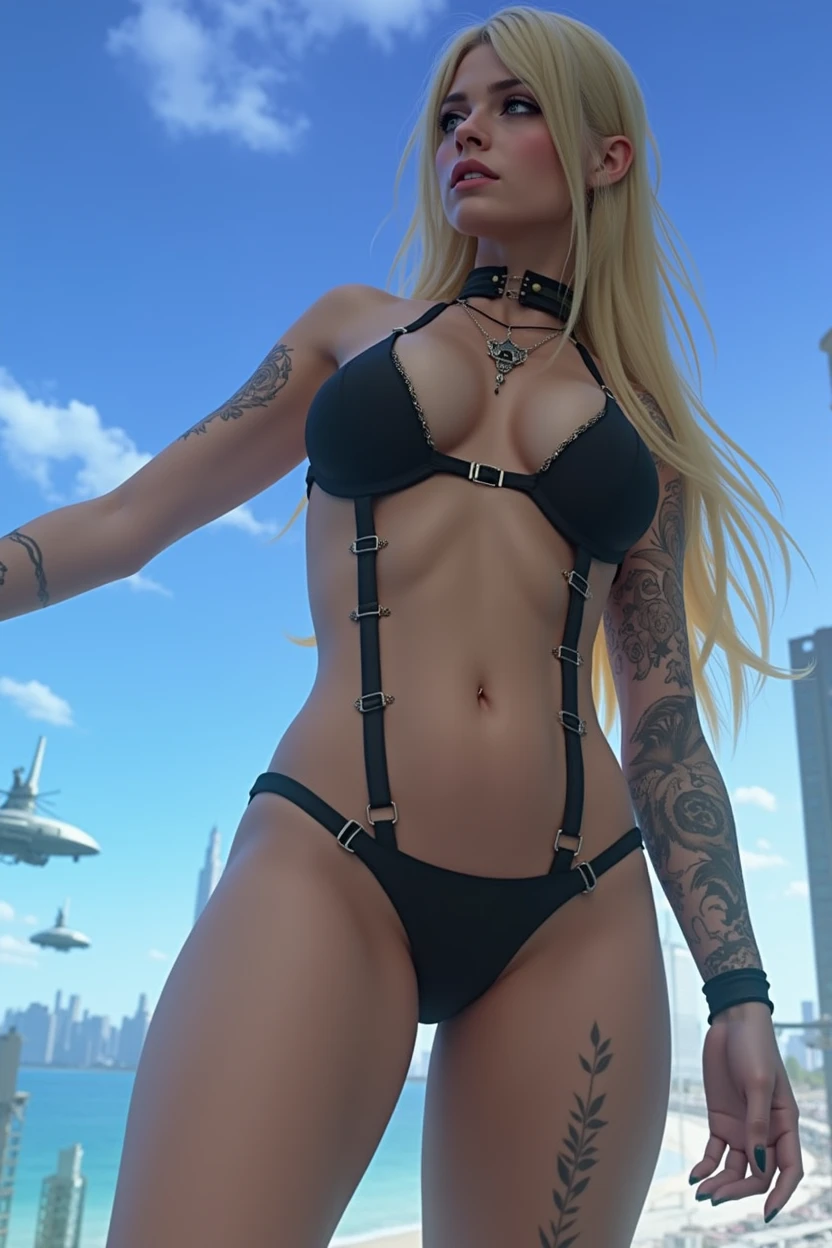 Gothic woman, blonde, background cyberpunk city, sexly, seminua, corpo inteiro