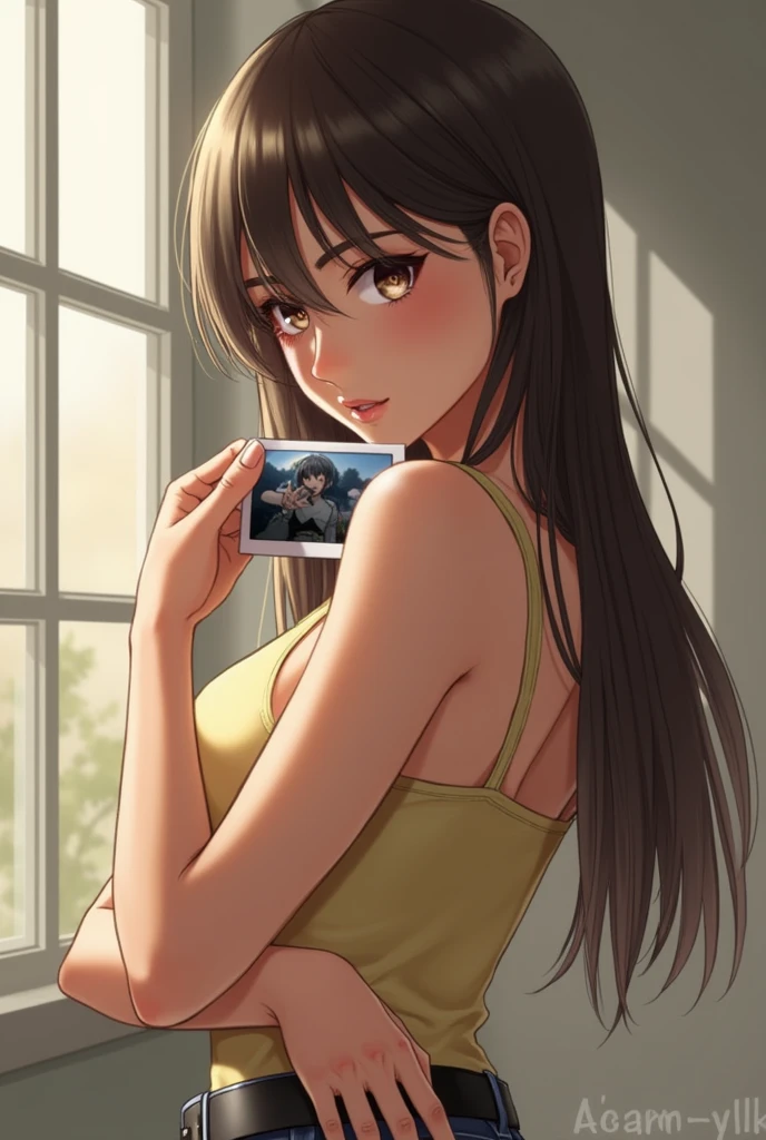 realistic, 1girl, posing, flirty, holding polaroid photo,
