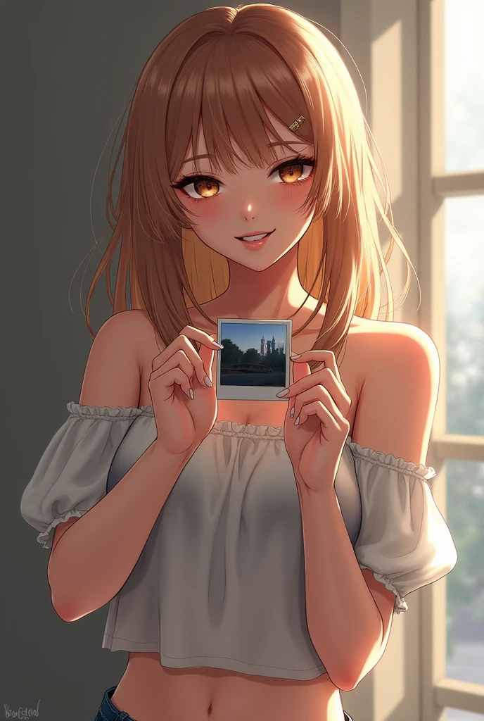 realistic, 1girl, posing, flirty, holding polaroid photo,