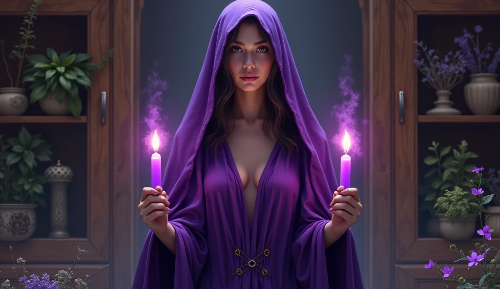 woman in violet priestess cloak holding violet candles, convey depth, in the background a cupboard with various aromatic herbs,