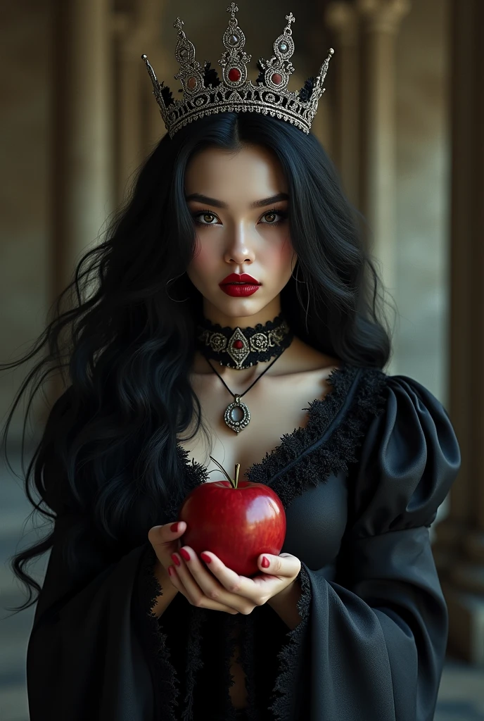 ((RAW Photo), absurd, (absurdresolution)), masterpiece, best quality, (Extremely detailed 8k unity CG wallpaper), (best illustration), (best shadow), Realistic lighting, beautiful detailed glow, ((21 years old)), girl, long black hair, black queen, accessories, apple in hand, poisoned apples, witch queen, red lipstick, (((Photographic Perspective of her)))