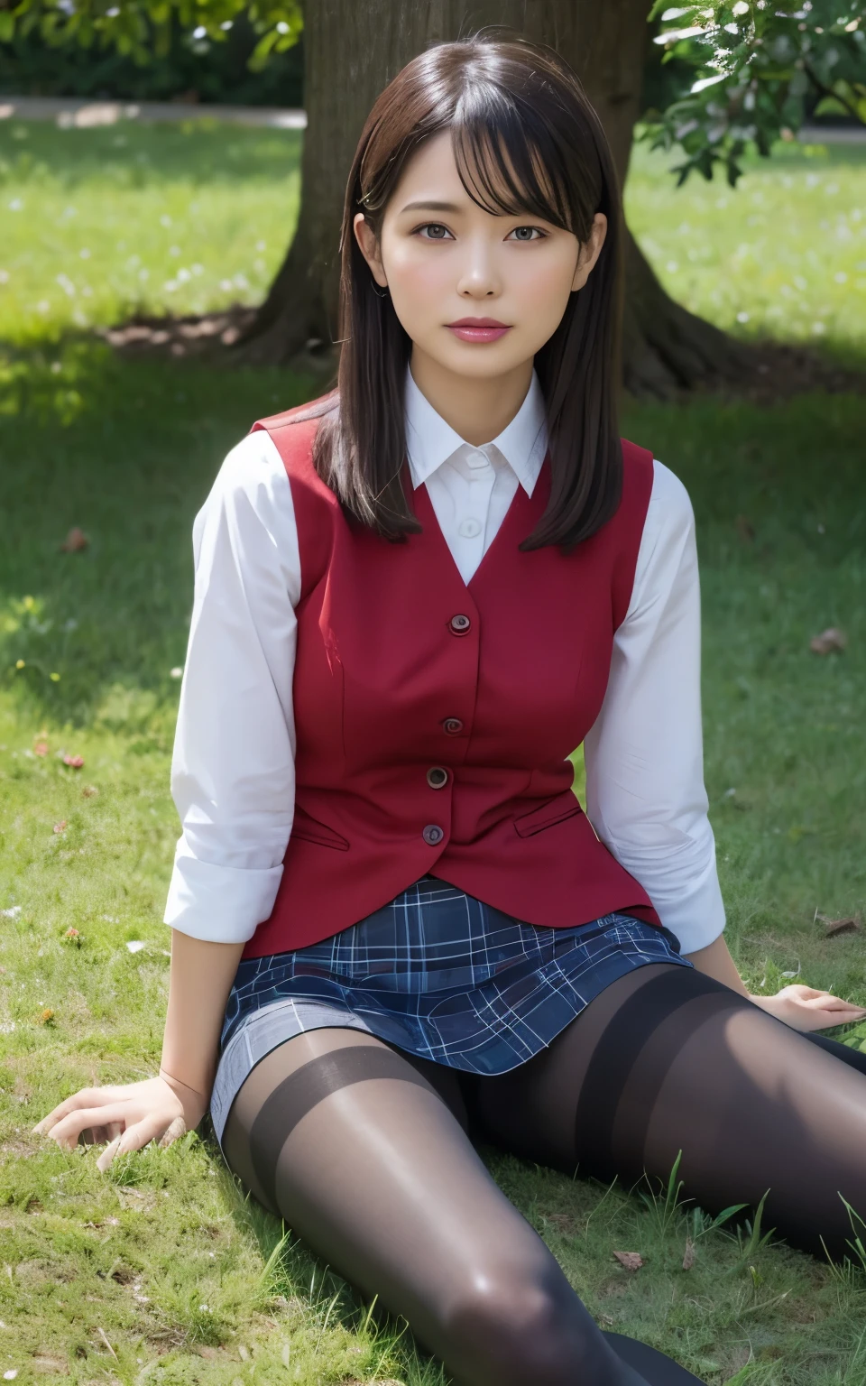 Ulchan-6500-v1.1, (RAW photo:1.2), (Photoreal), (genuine:1.4), 1milf, perfect anatomy, 48 years old, plump body:0.5, look at the viewer, medium long hair, half sleeve, vest, plaid mini skirt, ((sit on the grass and open legs:1.0)), (super realistic pantyhose:1.2), (high heels), (business services), under shade of tree