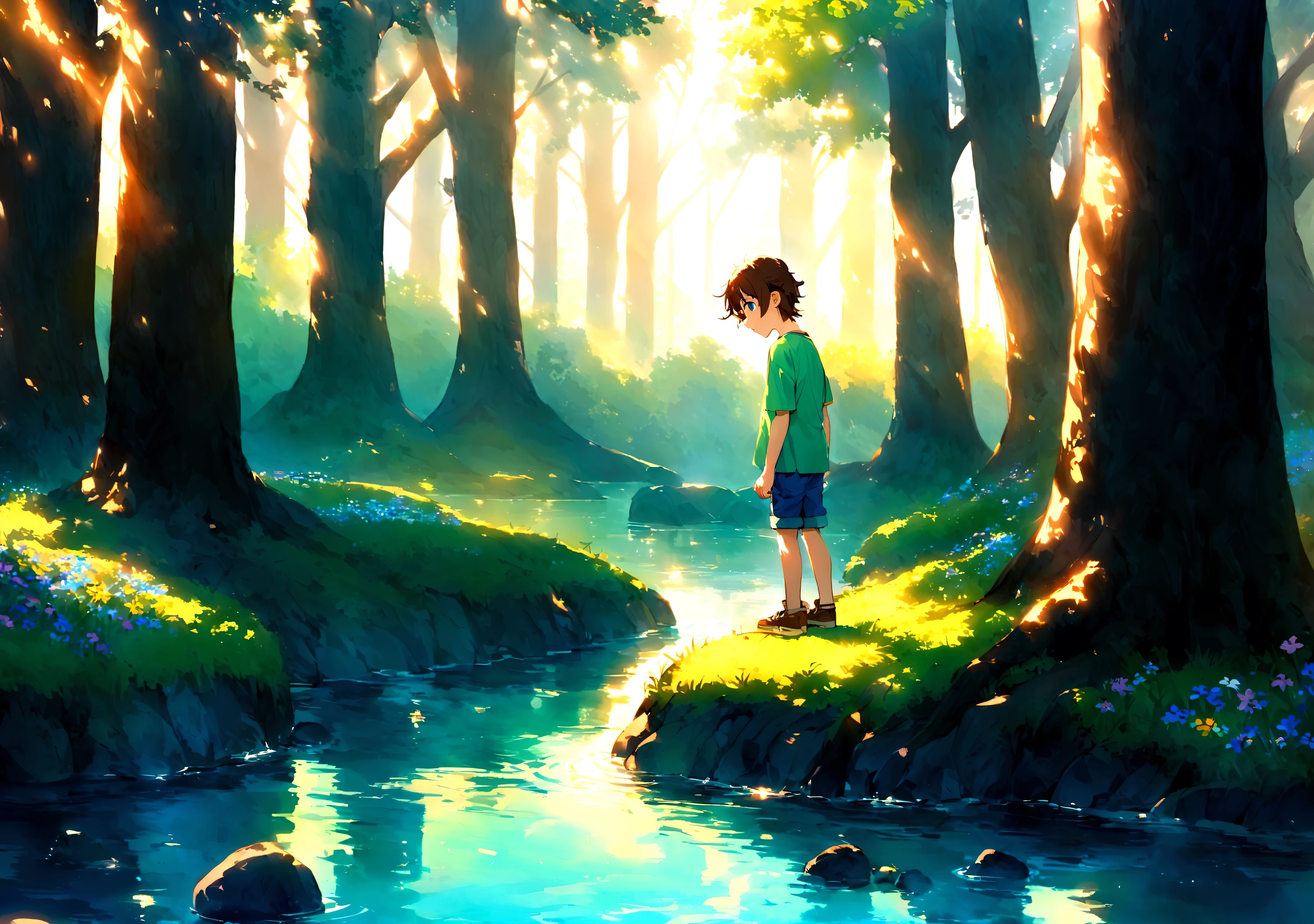 Jack is an -year-boy w tousled brown hair and bright blue eyes. He wears worn-out blue jeans, a bright green t-shirt and sturdy brown sneakers. Jack is kneeling by the edge of a gently flowing river, his hands skimming the water. His face is filled with curiosity and wonder as he watches the ripples form around his fingers. The riverbank is lined with smooth rocks and patches of wildflowers, adding to the natural beauty of the scene. Tall trees stand sentinel along the river's edge, their branches reaching towards the clear blue sky overhead. In the distance, the sun casts a golden glow over the tranquil water. Jack's playful and contemplative mood is evident as he enjoys the peacefulness of nature's playground.