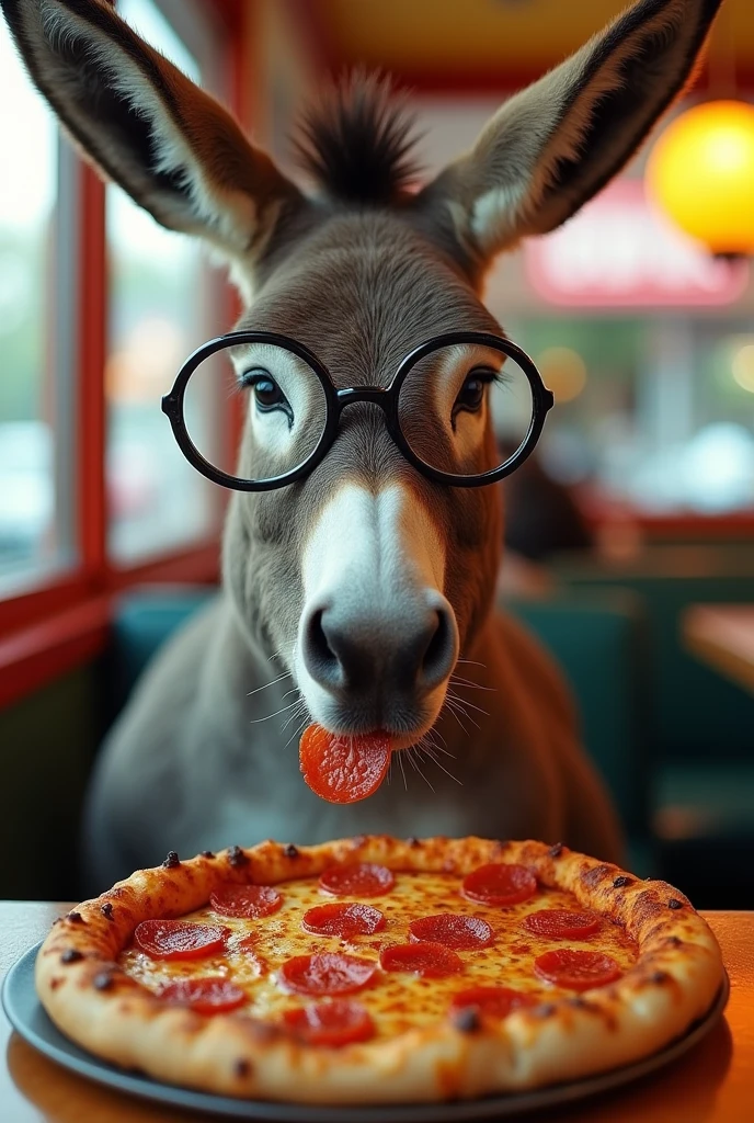 a donkey with glasses eating pizza at a donkin donuts in cuba with fidel castro at his side.