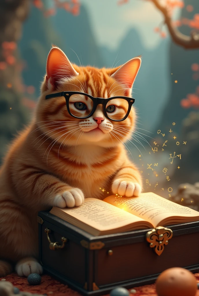 brown cat reading seriously,Wearing glasses,A mathematical formula appears in the treasure chest,background chinese style,Mountains and rivers,There is a treasure chest in the background,astronomical formula appears