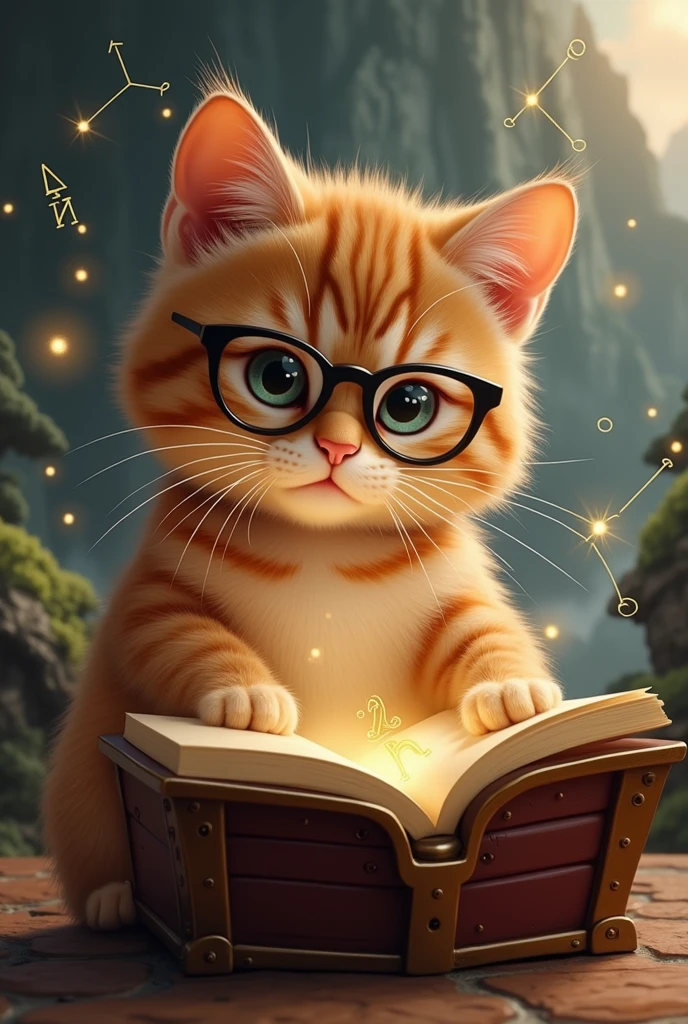 brown cat reading seriously,Wearing glasses,A mathematical formula appears in the treasure chest,background chinese style,Mountains and rivers,There is a treasure chest in the background,astronomical formula appears