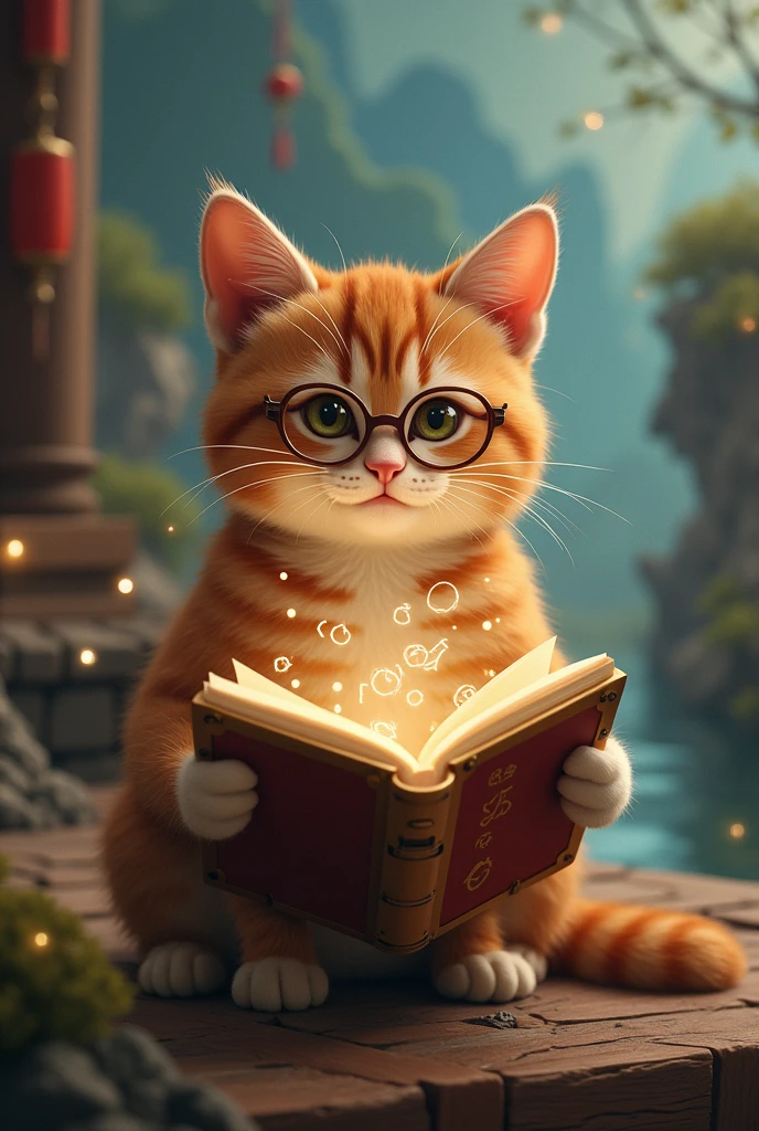 brown cat reading seriously,Wearing glasses,A mathematical formula appears in the treasure chest,background chinese style,Mountains and rivers,There is a treasure chest in the background,astronomical formula appears