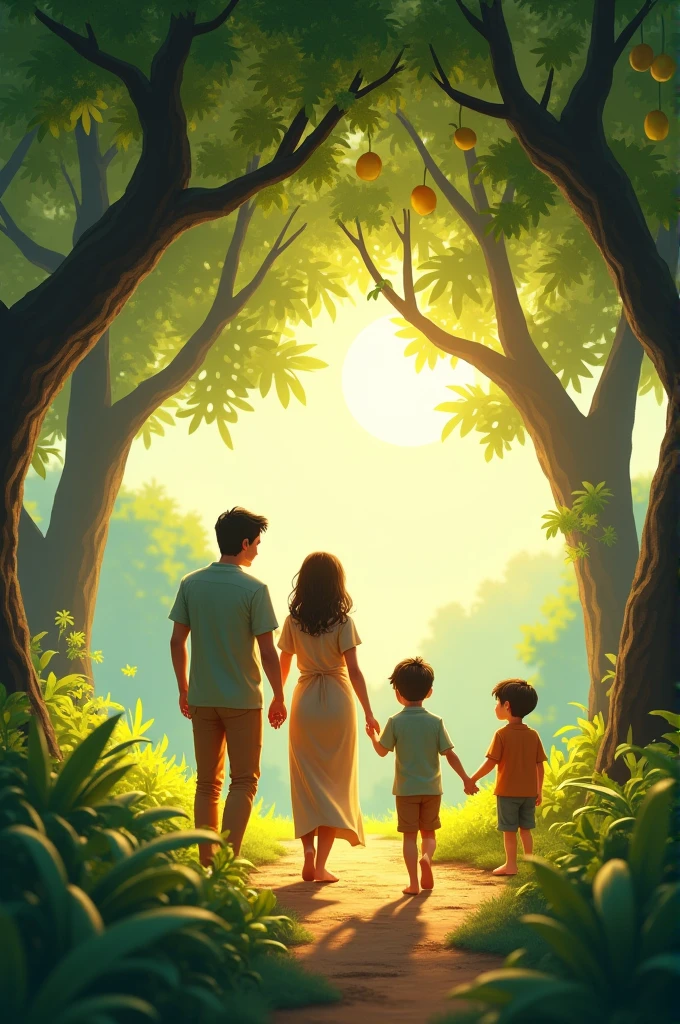 A mother and father with two boys looking for Cashew tree and a mango tree uder the trees