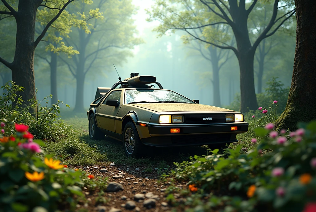 In a misty forest, a worn-out Delorean time machine emerges from the underbrush, shrouded in a tapestry of rust, moss, and vines. Soft, adventurous lighting bathes the scene, casting long shadows across the forest floor. Vibrant colors dance through the foliage as digital flowers bloom around the iconic vehicle. The atmosphere is heavy with mist and mystery, inviting the viewer to step into this nostalgic world. Created using Octane Render and WLOP in stunning 8K resolution.