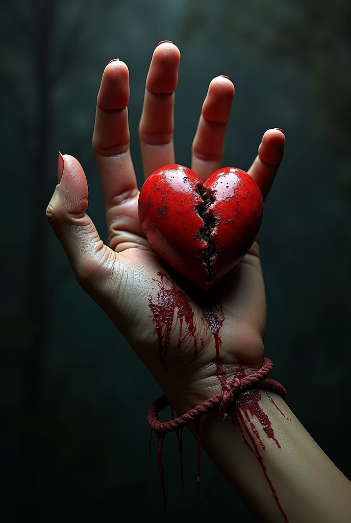 Severed hand with broken heart behind