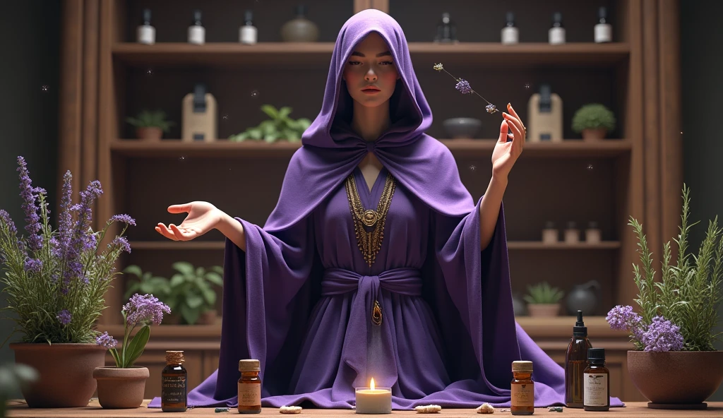 mulher com capa violeta de sacerdotisa segurando burrifador de agua com essential oils, convey depth, in the background a cupboard with various aromatic herbs, essential oils, Lavender, rue, Rosemon