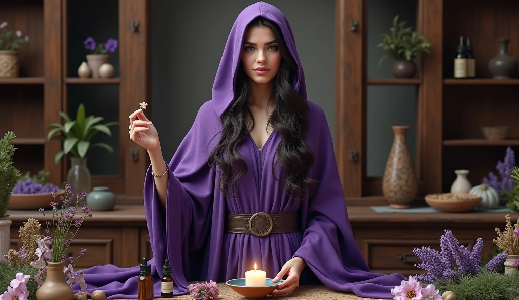 mulher com capa violeta de sacerdotisa segurando burrifador de agua com essential oils, convey depth, in the background a cupboard with various aromatic herbs, essential oils, Lavender, rue, Rosemon