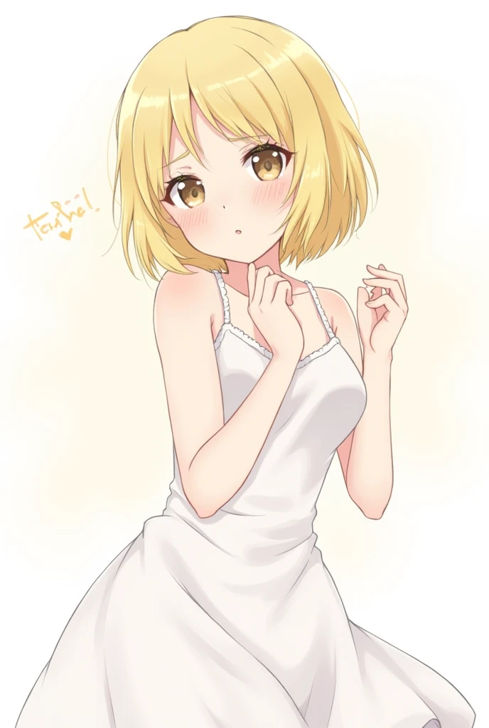 1girl, solo, cute, bored, brown yes, blonde hair, very short hair, blush, , white dress,