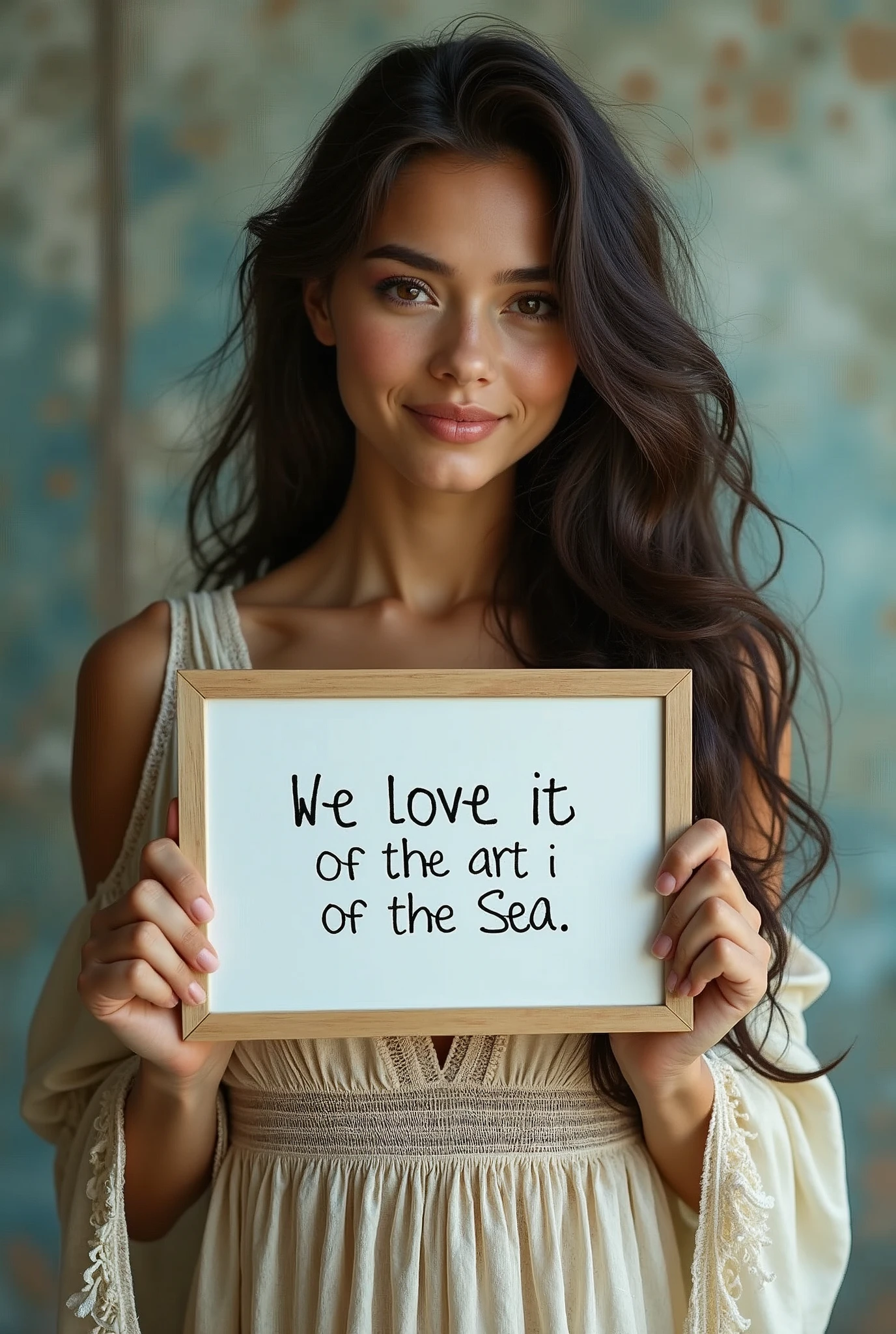 Beautiful girl with wavy long hair, bohemian dress, holding a white board with text "I Love Seaart Infinity" and showing it to the viewer