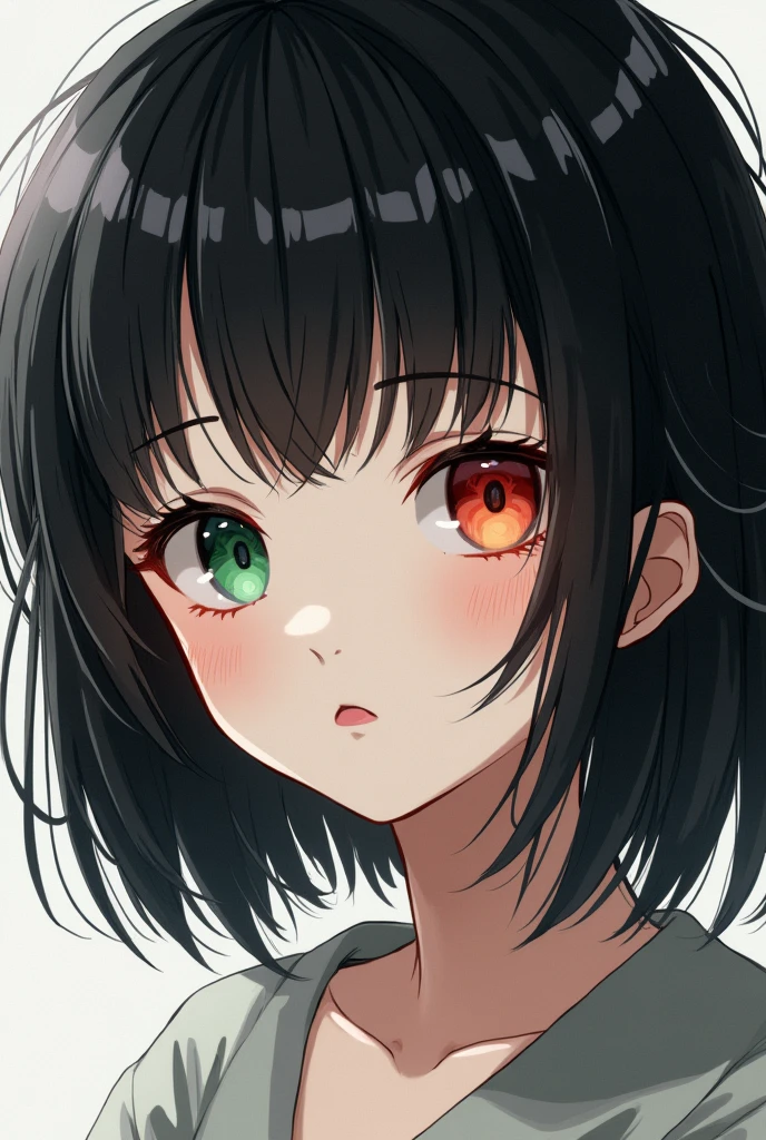 anime girl, skin very white, somewhat round face, messy black hair with gray streaks, straight bangs, slanted eyes, one green eye and one red eye