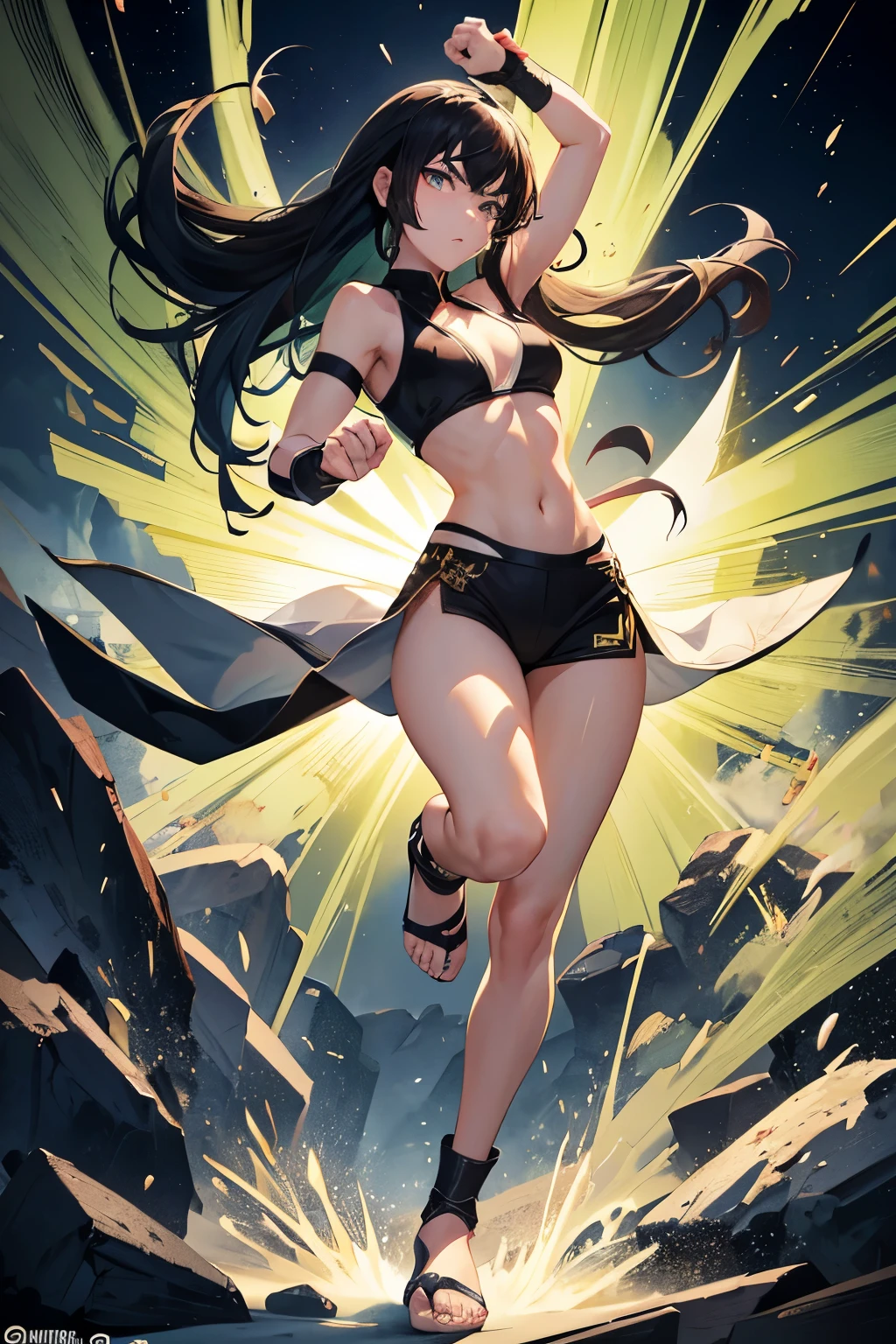 Black haired green eyed anime girl with no chest kicking, fighting pose, fighting pose, female fighter pose, fighting stance, anime pose, high kick, heroic kick pose, full body!! dynamic action pose, badass pose, posing for an intricate fight, martial art pose, mma southpaw stance, full body!! dynamic pose, boxing stance, combat pose, perfect dynamic pose