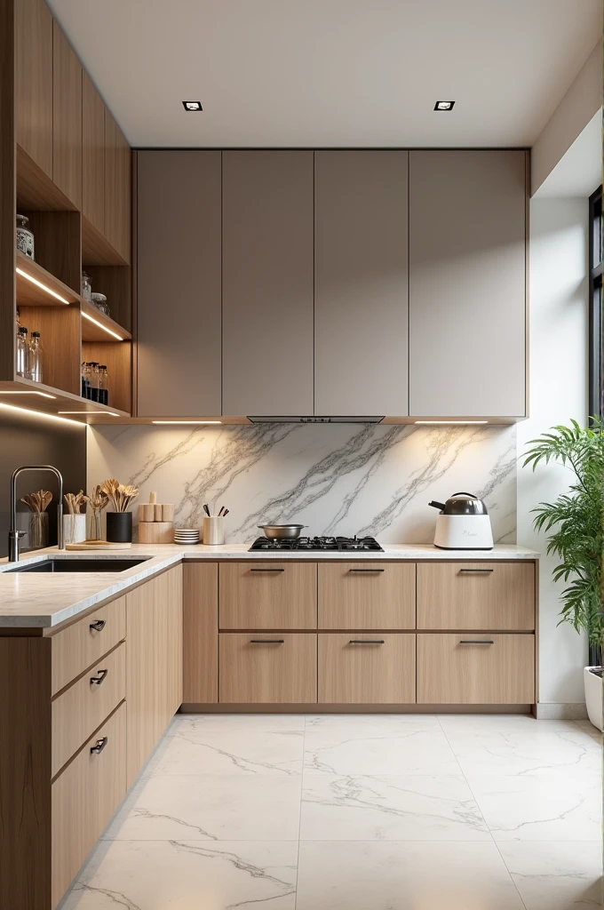 Create a kitchen in contemporary style for 4 people with marble counters that also has visible drawers for utensils and electronics, this is for a medium budget residence