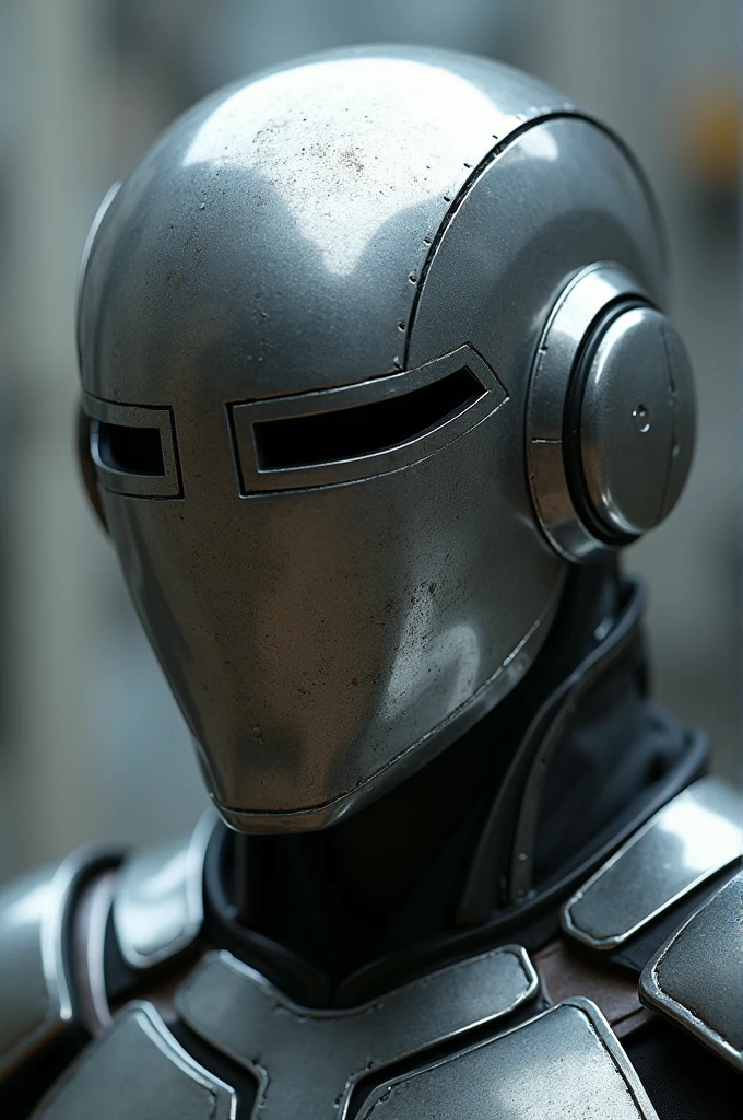 reflective steel helmet with 2 rectangular eye holes.