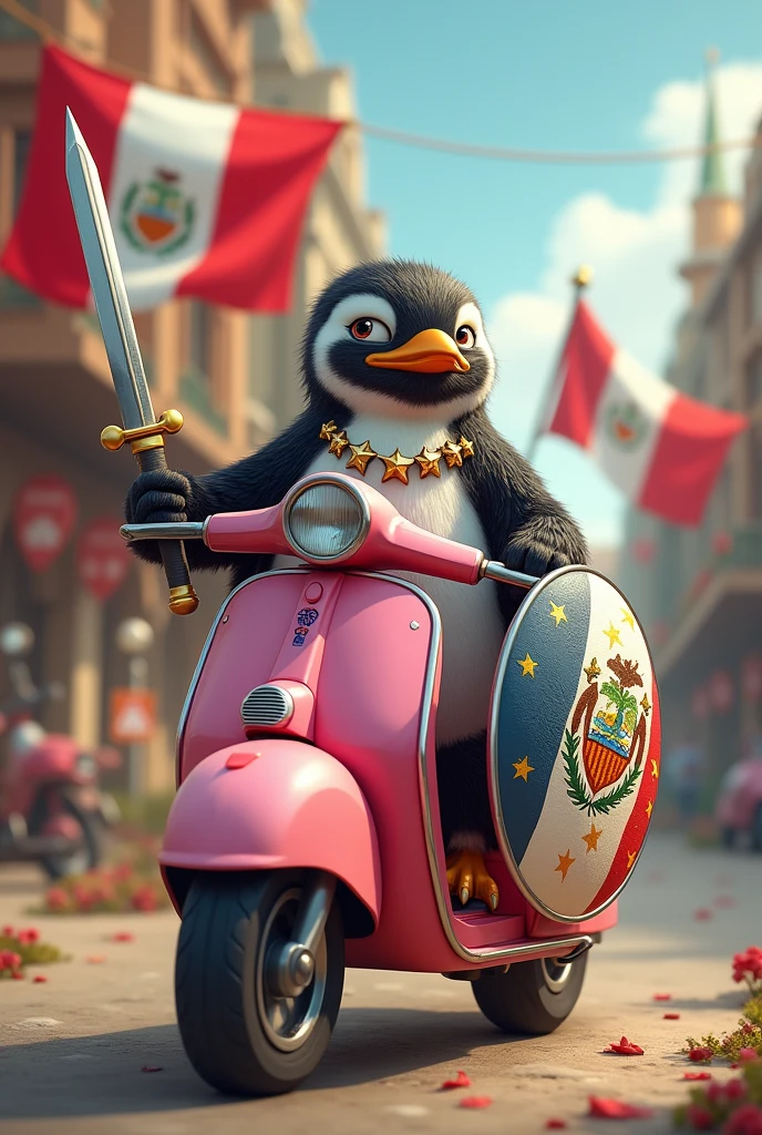 Penguin with his pink scooter with a sword and a star-spangled shield, necklace with stars and the flag of Peru in the background