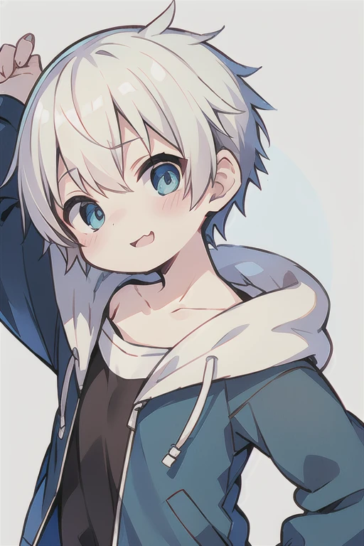 Highest quality, (high quality),eye highlights,arms are thin, thin body,face,from front, (portrait),((very short hair)),look at viewer,with heart-shaped pupils,droopy eyes,very happy smile,Pouting mouth,open your mouth and laugh,(((chilled boy))), (1 boy),(white hair),((very very short hair)),parka,light Blue background ,illustration,anime style, 