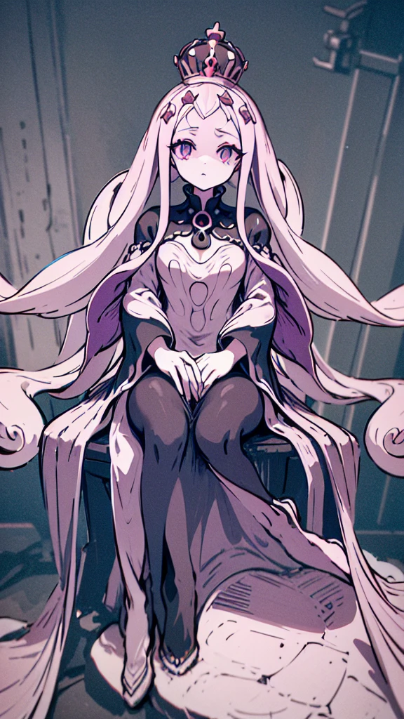 a queen of octopuses wearing a crown on her head. She has eight tentacles with suckers and her eyes are large and bright. Her skin is a deep shade of purple and her crown is made of shells and pearls. She is sitting on a throne made of coral and seaweed, with the ocean in the background. She looks powerful and regal, with an aura of mystery and intelligence.
