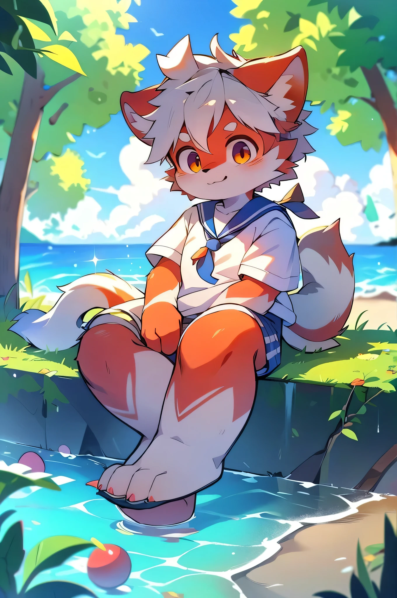 Dagashi,Hair growing all over the body,Red fur,Red face,Gray Hair,Mammals,male,Libido boy,Red face fur,Fluffy tail,,Shining Eyes,Panoramic View:1.2,Character Focus,（(Wearing a sailor uniform,By the Sea,独奏,Licking candy,)one