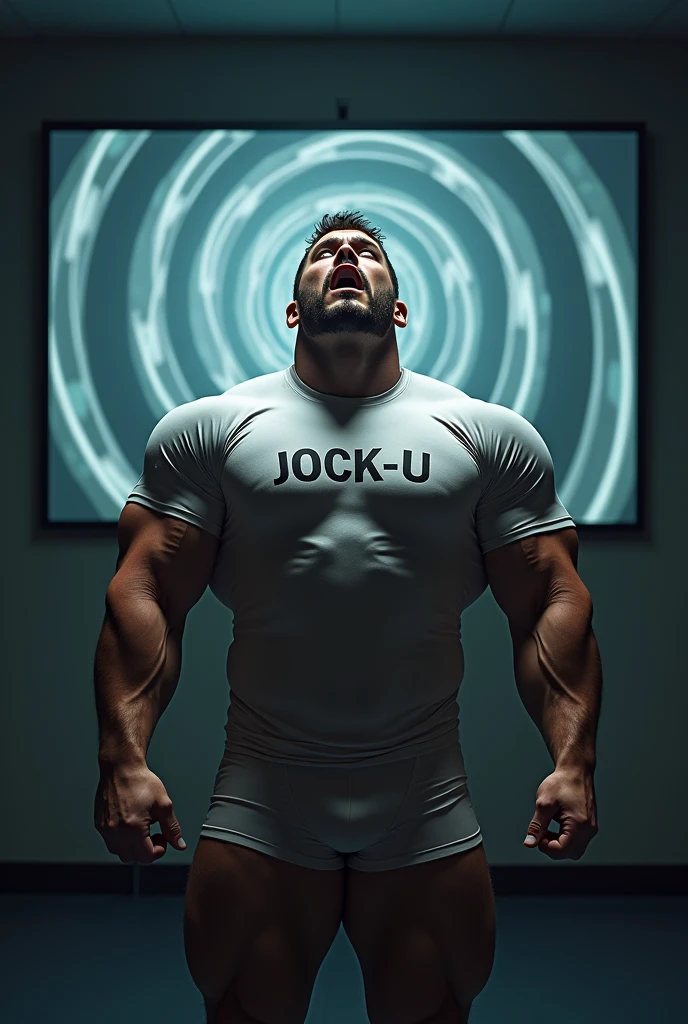 Young male college student Wearing shirt that says JOCK-U as a big dumb hyper muscular sweaty bodybuilder football jock bro in skin-tight compression gear flexing and staring blankly forward with open mouth into a monitor displaying a hypnotic spiral under hypnosis in a locker room doing a double bicep flex to expose sweaty armpits as he repeats, "Stare ... listen ... blank ... obey.... Bigger... Dumber.... Just a big ... dumb ... jock. Huhuh.... How's it hangin'? C'mere. Watch the spiral and FLEX with me, BRO! It's good to be a JOCK. Stare. Obey. Be a jock, just like me...." in a deep voice. Football jock assimilation. Hyper swollen crotch bulge. Sweating. Mouth hanging open. Hyper muscles. Giant biceps. Giant triceps. Broad shoulders. Giant traps. Giant lats. Giant deltoids. Big meaty pecs. Hyper swollen glutes. Brainwashing. Hypnosis. Hypnotized. Bro. IQ drain. Sweaty. Stereotype. Hypnotic trance. Entranced. Brainwashed. meathead. Musclehead. mindless. brainless. Front view. Digital painting. Giant muscles. compression gear.