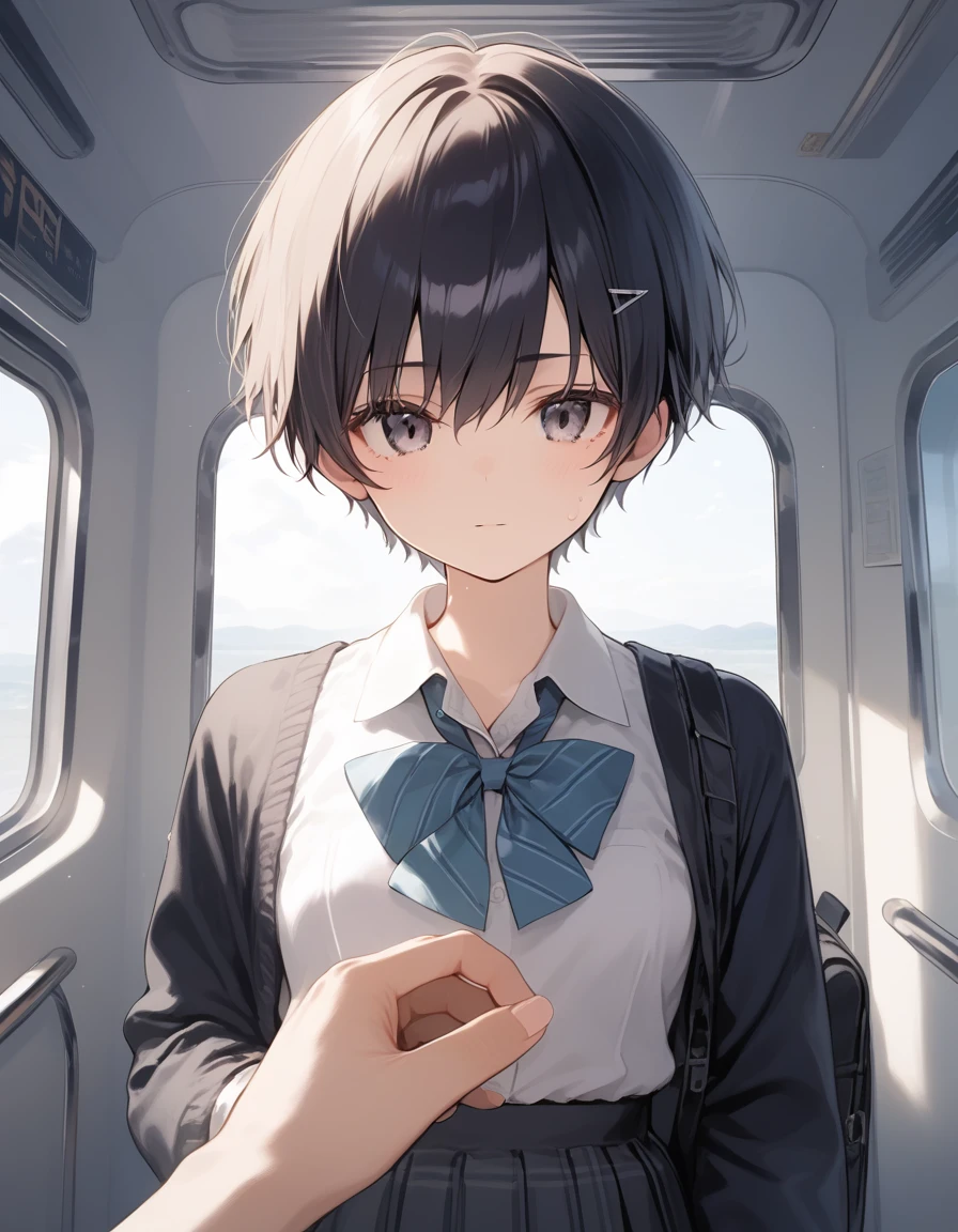 score_9, score_8_up, score_7_up, source_anime, best quality, masterpiece, official art, absurdres, highres, ultra-detailed,waifu2x,JAV Cover,break,1girl, tomboy, idol girl, school uniform, very short hair, pixie cut, small breasts, slender, beautiful detailed eyes, expressionless, sweat, sleepily, (disgust:0.5), sexual appeal, train, hand grip, molestation, pov, pov hands, indoors, break,(clear line illustration:1.2), super detailed skin, shiny skin, very high resolution, very aesthetic, Best sexual lighting powered by famous artist, 4k, 8k, 16k, cute picture, beauty illustration,photoshop_(medium),,(Detailed Lighting),best anime 8k konachan wallpaper, pixiv contest winner,