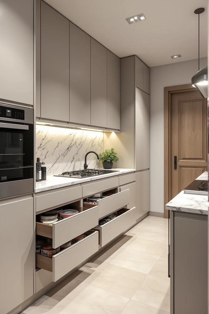 Create a kitchen in contemporary style for 4 people with marble counters that also has visible drawers for utensils and electronics, this is for a medium budget residence