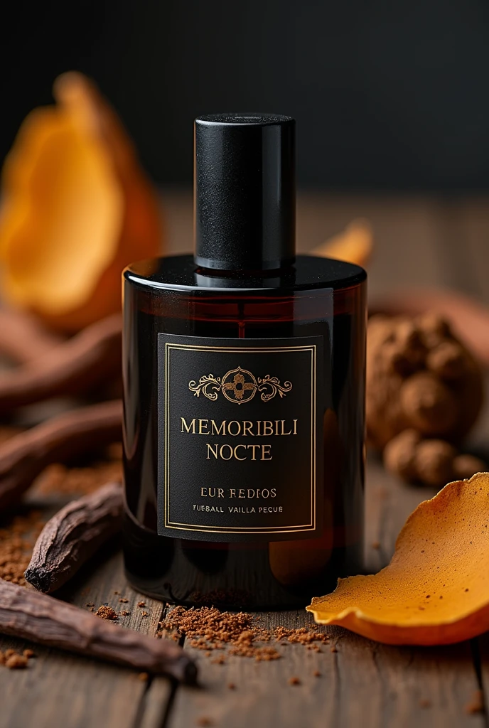 create a picture with a perfume where the background consists of a tobacco plant and a vanilla. The perfume is said to have contained the inscription MEMORIBILI NOCTE. the perfume should be in black design