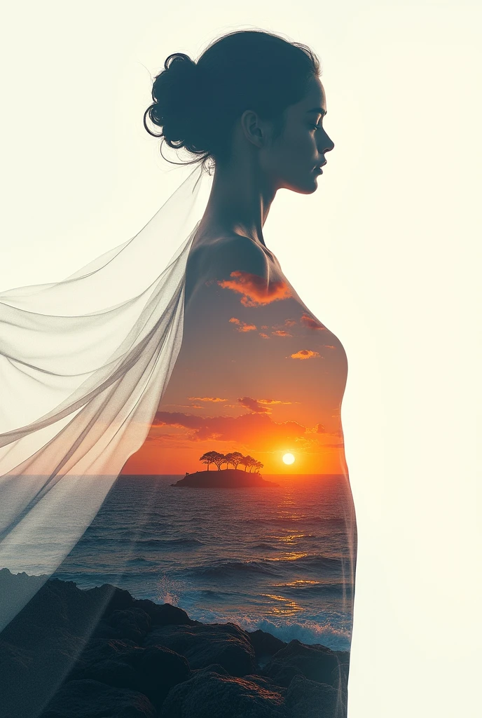high quality, 8K Ultra HD, A beautiful double exposure that combines an goddess silhouette with sunset coast, sunset coast should serve as the underlying backdrop, with its details incorporated into the goddess , crisp lines, The background is monochrome, sharp focus, double exposure, by yukisakura, awesome full color,